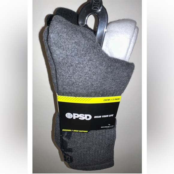 PSD Crew Socks 3 Pair Men’s 6-12.5 Gray White Black w Logo Cushioned NEW! $28 - Picture 10 of 10